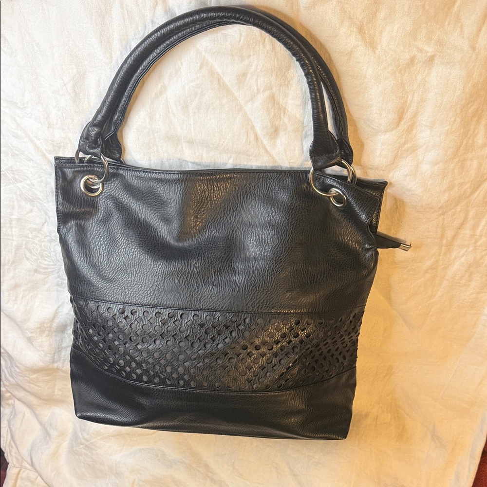 Women's Black Shoulder Tote with Woven Detail